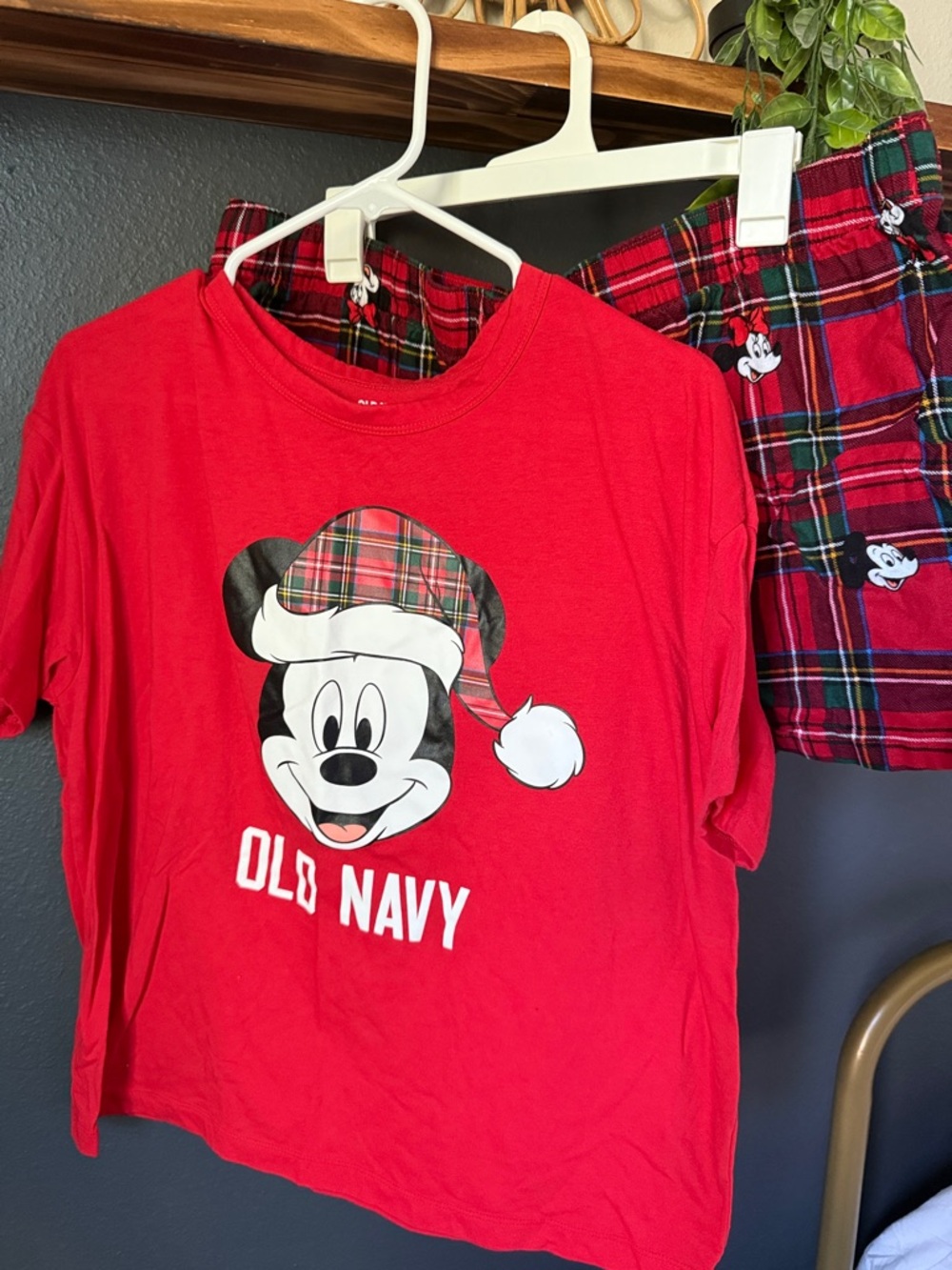 Old Navy Red Mickey Mouse Plaid Holiday Pajama Top and Shorts